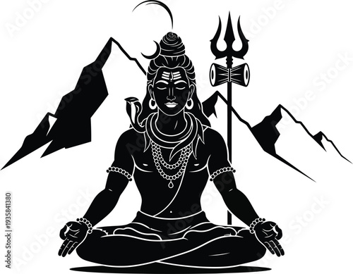Black and White Lord Shiva Illustration in Meditative Pose with Crescent Moon, Snake Around Neck, Third Eye, Flowing Hair Topknot, Trident with Drum, Ornaments, and Stylized Himalayan Mountain Backgro