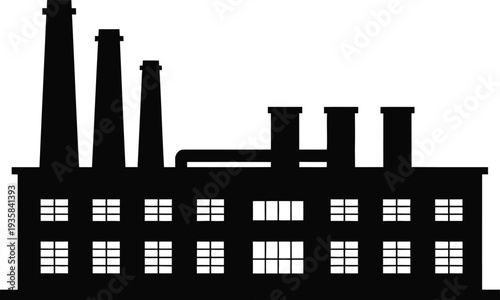 Industrial Factory Icon, Black Silhouette Manufacturing Plant with Four Tall Smokestacks Graphic Design