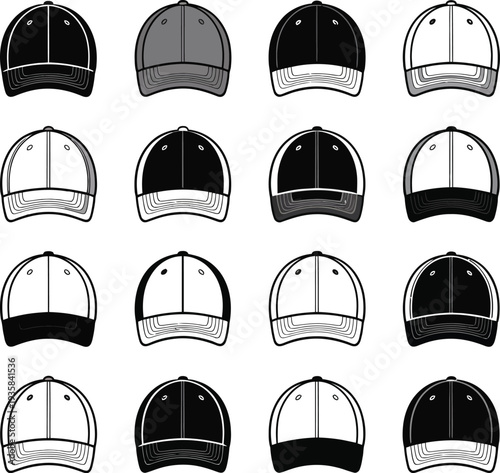Black and White Baseball Cap Set, 16 Classic Curved Brim Hat Icons in 4x4 Grid Minimalist Monochrome Style