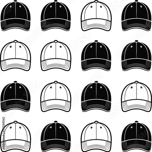 Baseball Cap Collection, Minimal Black and White Six Panel Hat Line Art Icons in Organized Grid Layout