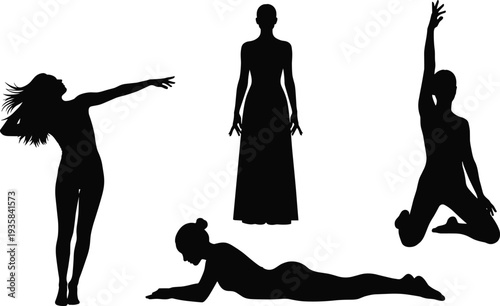 Set of female silhouettes in dance and yoga poses, expressing grace, flexibility, mindfulness, 