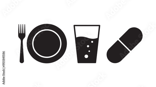 Black Icons Of Fork, Plate, Glass, And Pill On White Background For Health And Nutrition Concepts