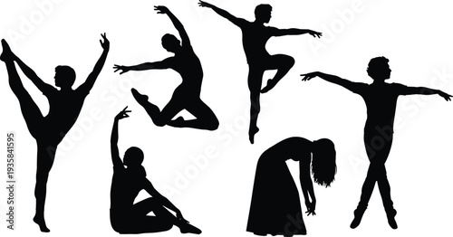 Collection of dancer silhouettes performing ballet and contemporary moves, expressing 