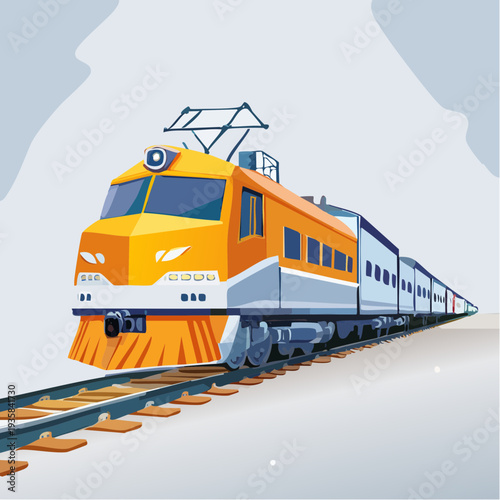 Vector art of a large freight locomotive pulling multiple cargo cars, dynamic speed lines