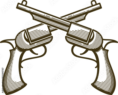 Crossed revolvers engraving. Retro handgun weapon emblem