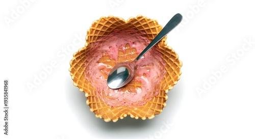 Empty waffle bowl with a spoon on white
