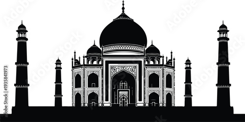   
Taj Mahal iconic Indian monument architecture black and white illustration
