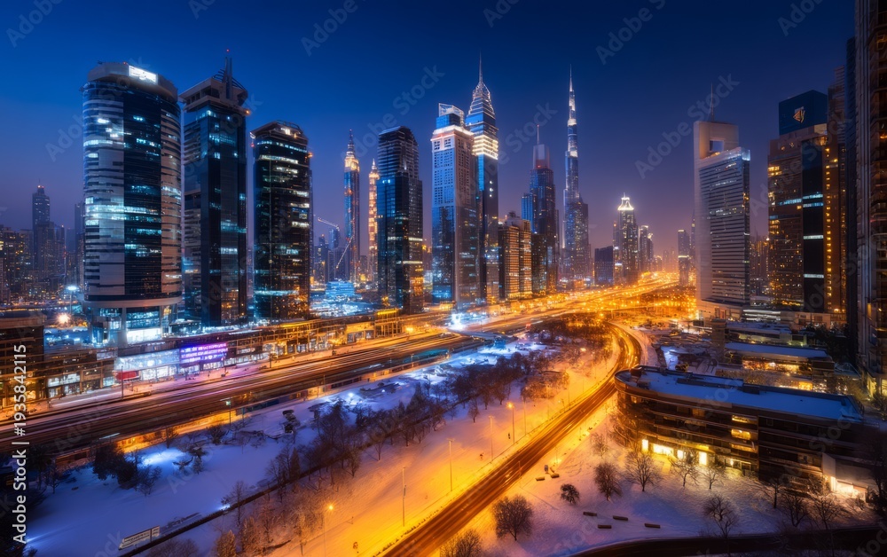 Fototapeta premium Night View of Metropolitan Skyline with Snow in Extreme Season