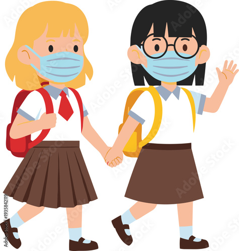 school, girls, wearing, face, masks, walking, holding, hands, cartoon, illustration, children, safety, education, pandemic, friendship, health, uniform, backpack, cute, vector