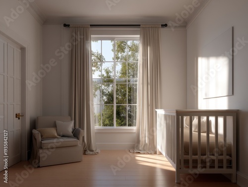 Cozy nursery with soft sunlight streaming through large window. White crib stands beside window, near cushioned armchair. Light beige curtains frame the window, gently billowing