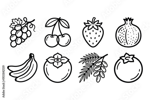 Delicious Fruit Icons: Grapes, cherries, strawberry, pomegranate, bananas, persimmon, dates, and tomato.