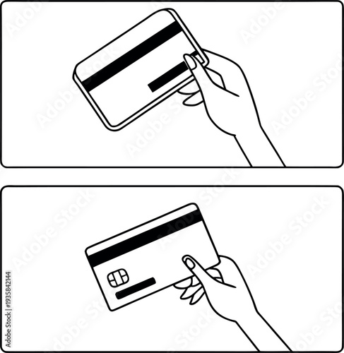 A hand holding a credit card in two different positions
