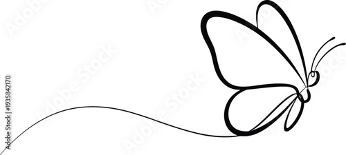 Bold continuous line illustration of a soaring butterfly with a sweeping trailing tail on white