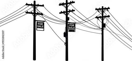 Silhouette of utility poles, power lines, for sale signs, urban infrastructure, electricity distribution, black white contrast