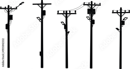 Silhouette of utility poles, electrical components, streetlights, transformers, power distribution, urban infrastructure, black white background