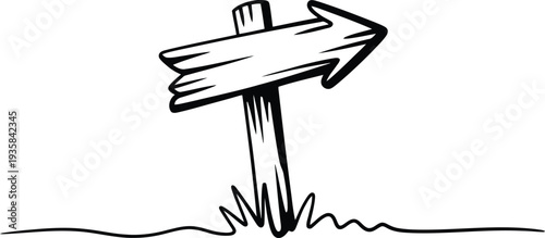 Cartoon outline drawing of a blank rustic wooden arrow sign pointing right on a grassy base