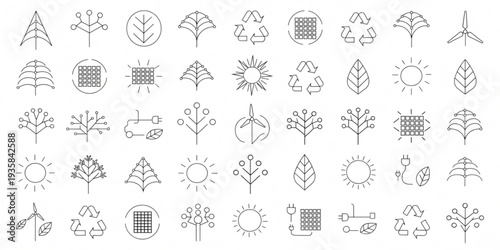 Collection of simple line icons representing nature and environment from various viewpoints