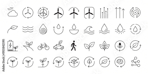 A collection of simple line icons representing eco-friendly concepts and sustainable living practices