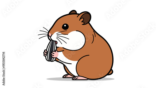 Cartoon brown hamster holding a striped sunflower seed against a white background