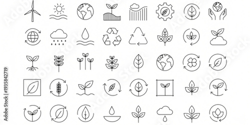 Collection of simple line icons representing eco-friendly concepts and environmental elements displayed together in a grid layout