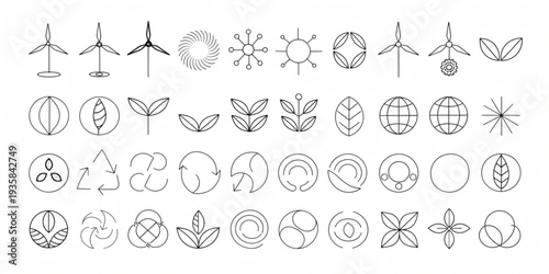 A collection of line icons representing renewable energy sources, nature, and sustainability concepts, displayed in a grid layout.