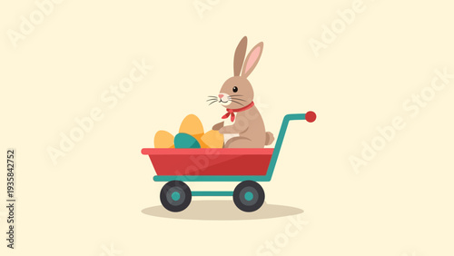 Cartoon bunny pushing a red wagon filled with colored eggs