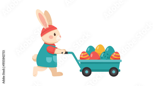 Cartoon bunny in overalls pushing a wagon full of colorful Easter eggs