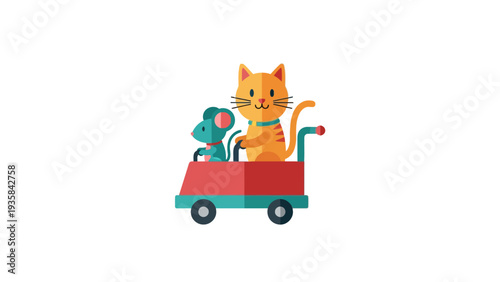 Cartoon cat and mouse riding in a small red and teal wagon