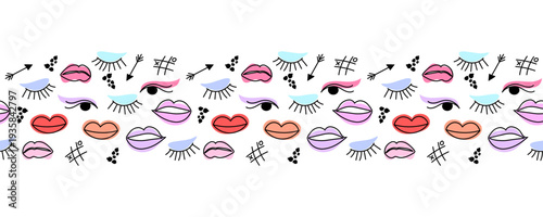 Makeup doodle border seamless with lips, eyes, arrows and tic tac toe symbols arranged in horizontal colorful strip isolated on white background.