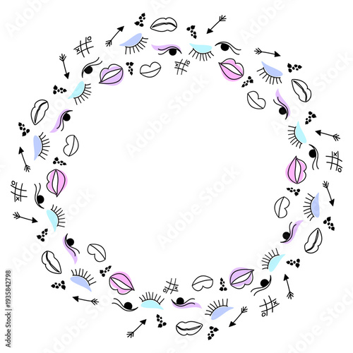 Round decorative wreath made of makeup doodle frame with lips, eyes, arrows and tic tac toe symbols isolated on white background