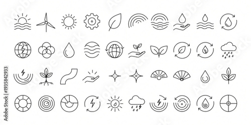 Collection of Simple Line Icons Representing Nature and Environment Elements