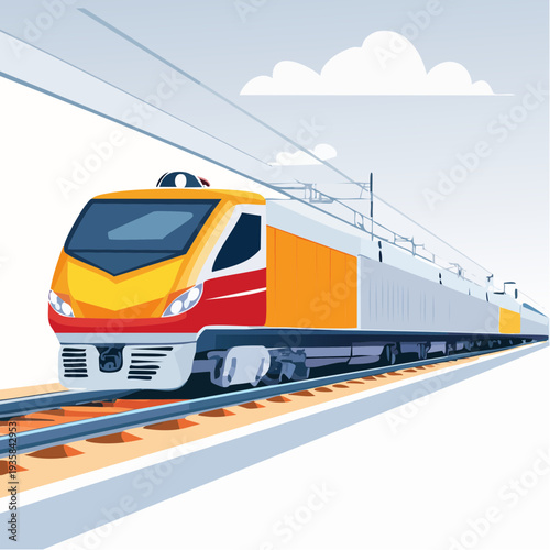 Vector art of a large freight locomotive pulling multiple cargo cars, dynamic speed lines