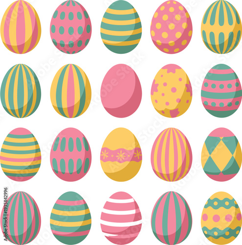 Decorative Easter Eggs Collection, 20 pastel patterned eggs in clean 4x5 grid layout