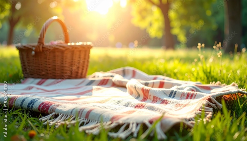 Fototapeta premium Picnic Basket on Striped Blanket in Grassy Park Under Sunny Sunlight