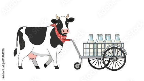 Cartoon cow pulls a cart with milk bottles on a white background