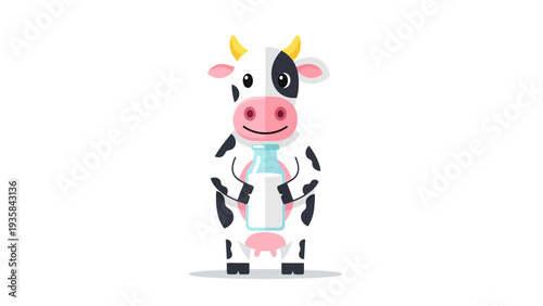 Cartoon cow standing and holding a glass milk bottle against a white background