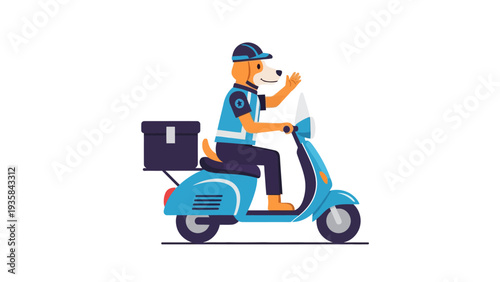 Cartoon dog delivery driver waving while riding a blue scooter