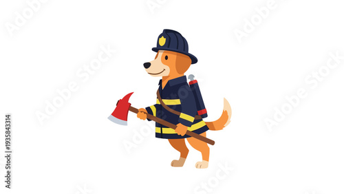 Cartoon dog dressed as a firefighter holding a red axe