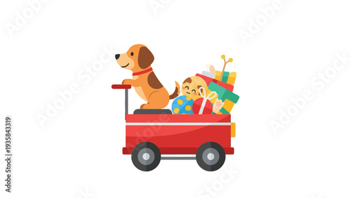 Cartoon dog driving a red wagon full of gifts and a toy