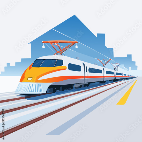 Vector art of a large freight locomotive pulling multiple cargo cars, dynamic speed lines