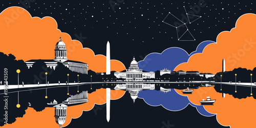 USA, US, U.S, United States - Washington DC Night Skyline Reflections on the Tidal Basin – Cinematic Ultra‑Wide Flat Vector Illustration | USA Capital City Art