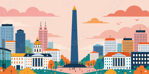 USA, US, U.S, United States - Washington Monument at Sunrise with Soft Pastel Gradient Sky – Ultra‑Wide Flat Vector Banner Illustration | Washington DC USA Landmark Art