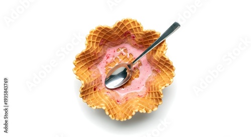 Empty ice cream waffle bowl with spoon on white