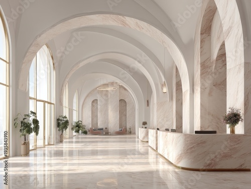 Elegant arched hall with marble floors and walls. Natural light streams through tall windows. Minimalist reception desk lines the space. Potted plants add softness to grand architecture