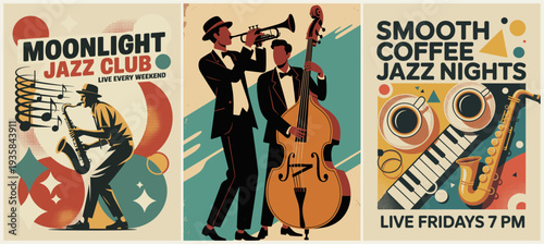 A stylized triptych of three vintage-inspired jazz event posters rendered in a muted mid-century palette of cream, ochre, deep teal, muted red, and charcoal.