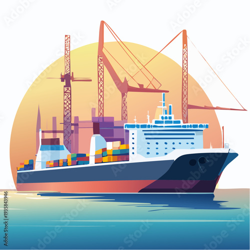 Vector art of an enormous cargo ferry docking at port, cranes and containers in background