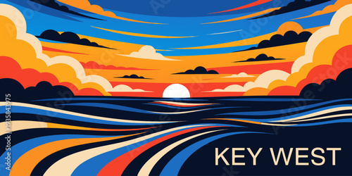USA, US, U.S, United States - Key West Ocean Horizon Sunset – Colorful Tropical Sky Ultra‑Wide Minimalist Flat Vector Illustration | Florida USA Coastal Art
