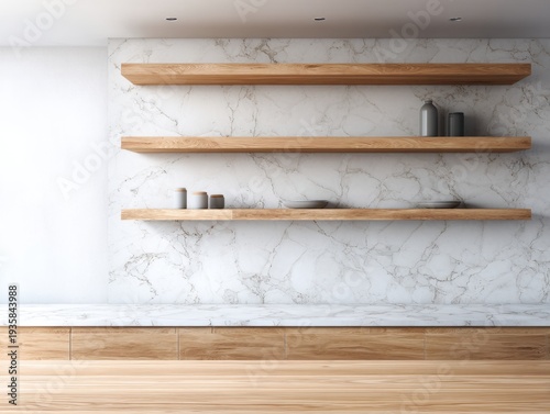 Minimalist shelves hang on marble wall. Wooden planks offer clean, modern storage. Sleek items sit atop simple shelves. Floor-to-ceiling marble adds elegant texture