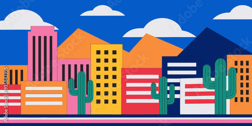 Minimal Arizona Skyline Line Art – Ultra‑Wide Panoramic Vector with Cactus & Mountain Desert Landscape | USA Southwest Outline Illustration