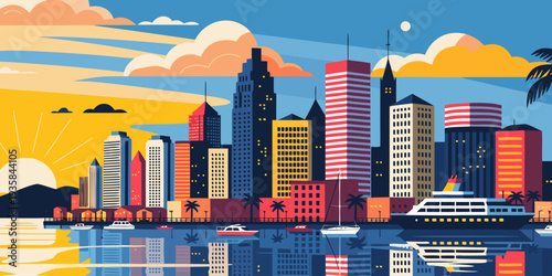 USA, US, U.S, United States - Tampa waterfront skyline golden hour glow, ultra-wide cinematic flat vector
